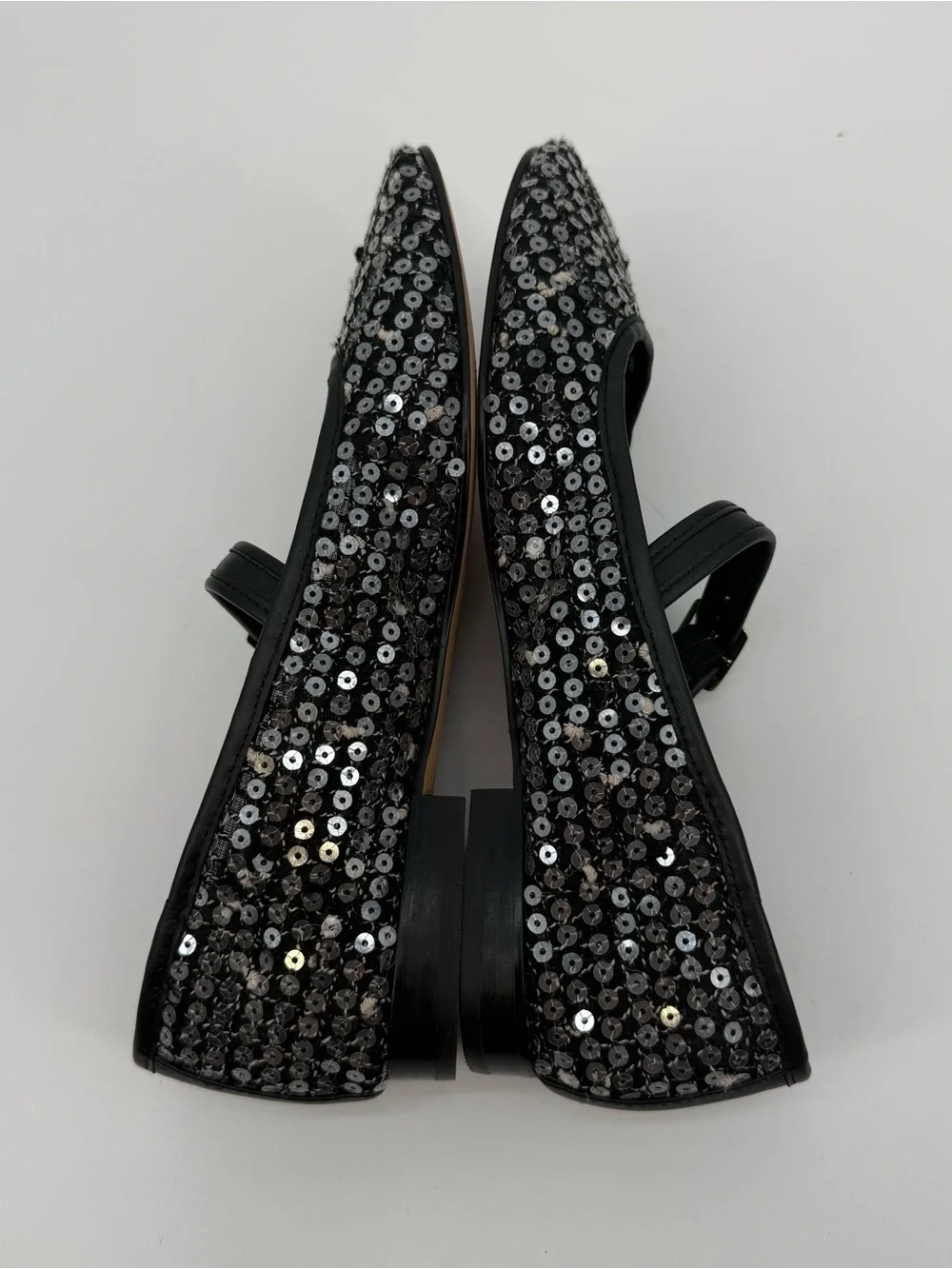 J.Crew Sequin Mary Jane Ballet Flats Black Silver Size 8.5